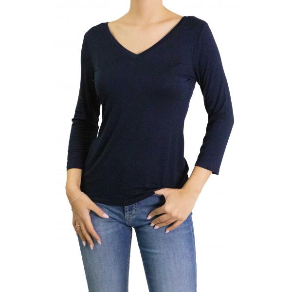 Maglia scollo a V tinta unita manica 3/4
